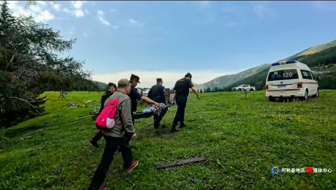 图为民警将受伤游客抬至120救护车上